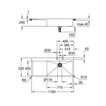 Grohe K1000 Damlalıklı Tek Gözlü Eviye, Paslanmaz Çelik (Sol Damlalıklı, 116x52 cm) - Teknik Çizim