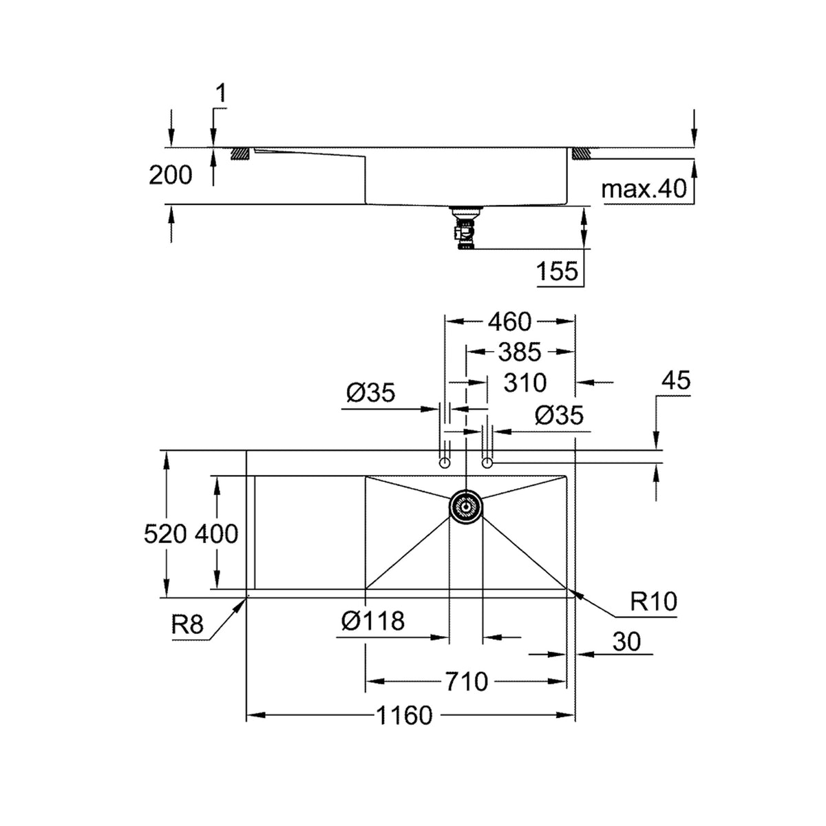 Grohe K1000 Damlalıklı Tek Gözlü Eviye, Paslanmaz Çelik (Sol Damlalıklı, 116x52 cm) - Teknik Çizim
