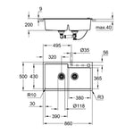 Grohe K500 Kompozit 1,5 Gözlü Eviye, Granit Siyah - Teknik Çizim