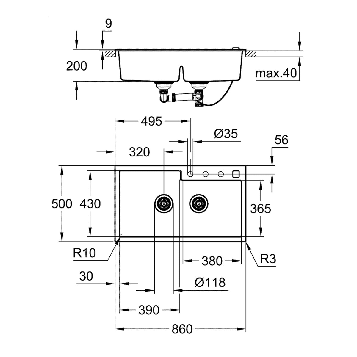 Grohe K500 Kompozit 1,5 Gözlü Eviye, Granit Siyah - Teknik Çizim