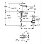 Grohe Eurocube Lavabo Bataryası, Sifon Kumandalı, Paslanmaz Çelik - Teknik Çizim