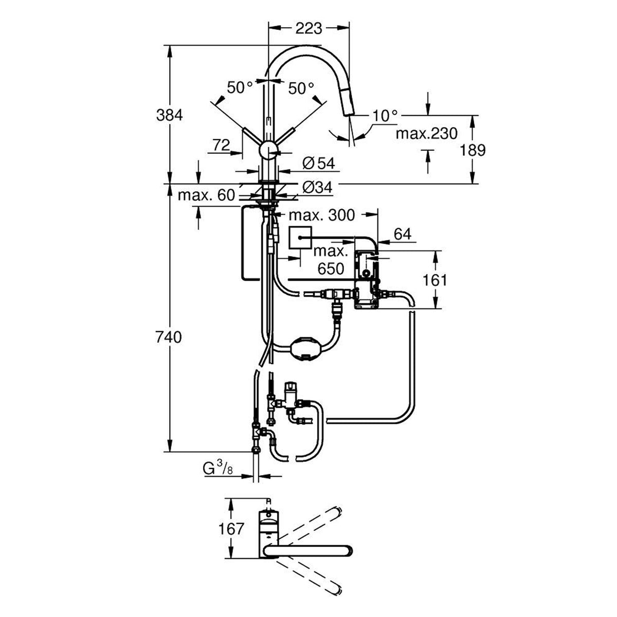 Grohe Minta Touch Elektronik Eviye Bataryası (Dokunmatik Kontrol) - Teknik Çizim