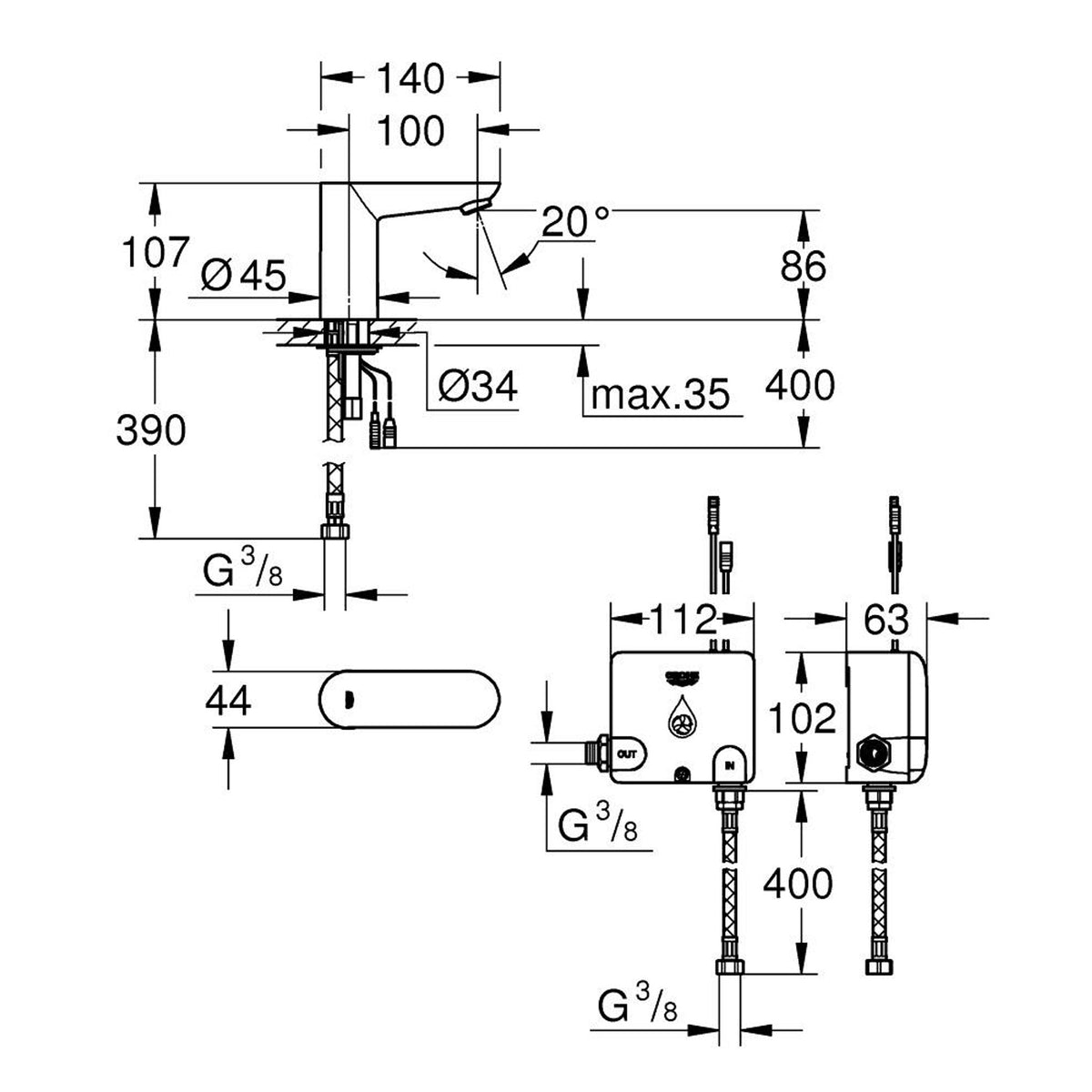 Grohe Euroeco Cosmopolitan E Powerbox Fotoselli Lavabo Bataryası (Tek Su Girişli) - Teknik Çizim