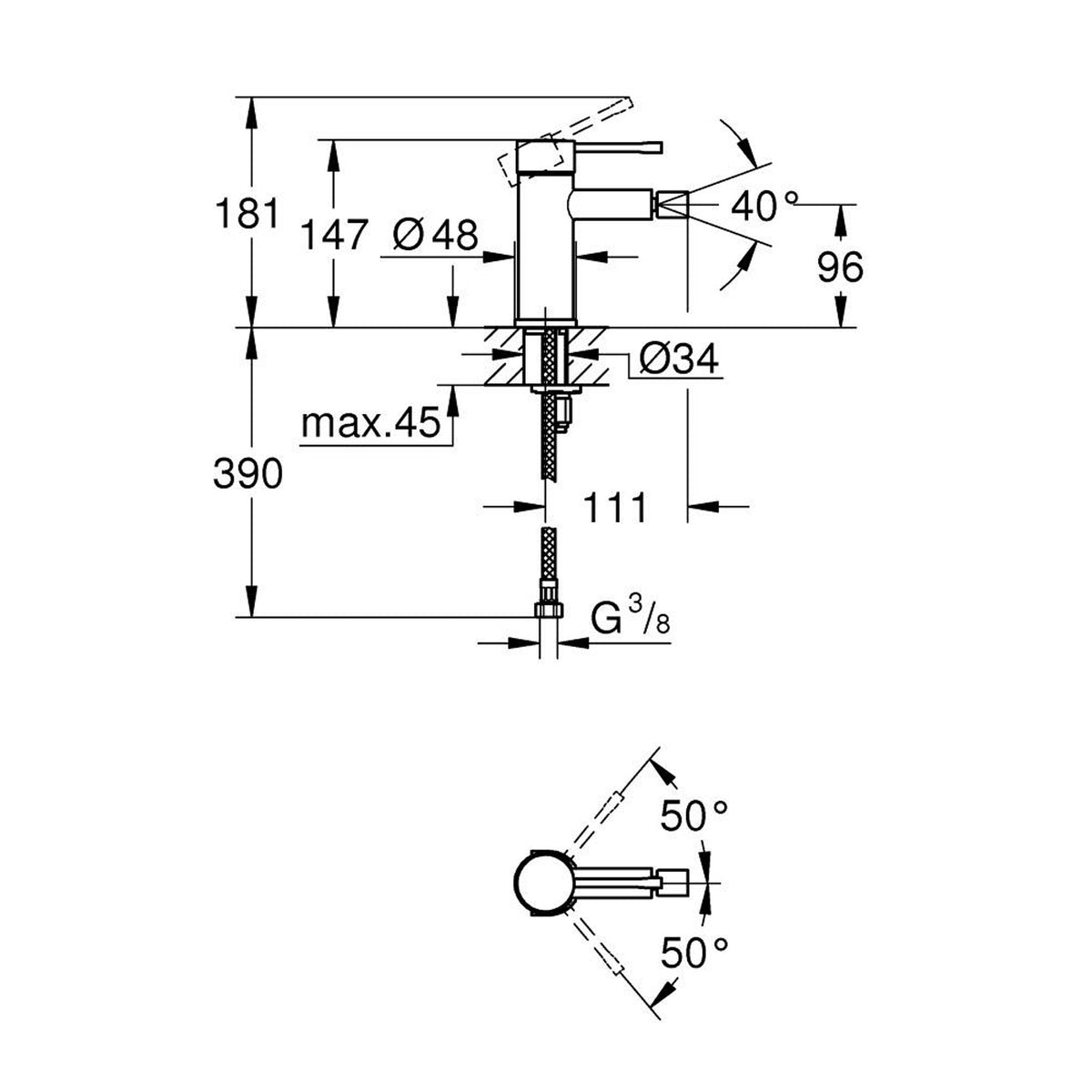 Grohe Essence Bide Bataryası, Hayalet Siyah (S-Boy) - Teknik Çizim