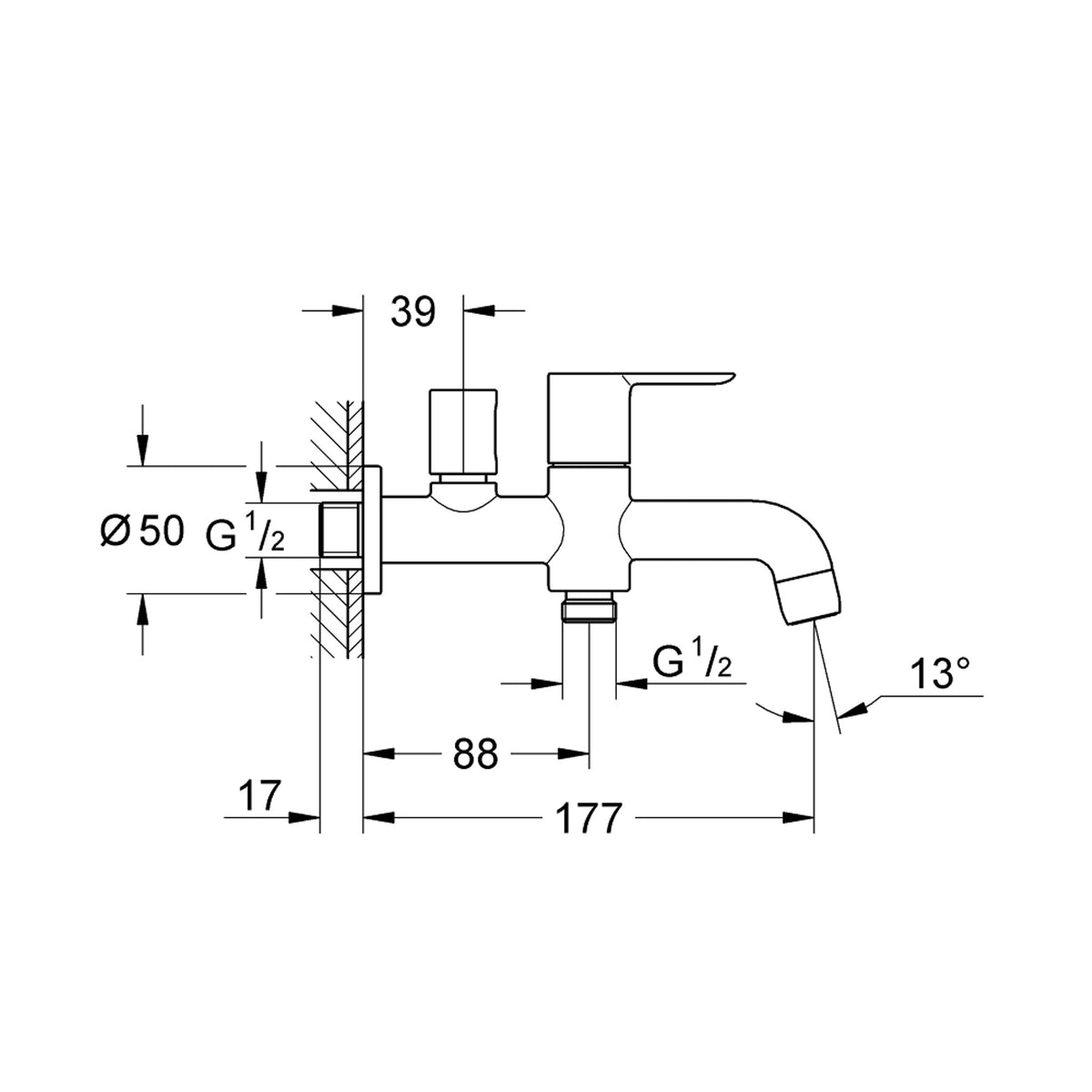 Grohe BauEdge El Duşu Çıkışlı Musluk - Teknik Çizim
