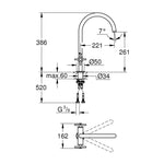 Grohe Atrio Kuğu Borulu Eviye Bataryası, Fırçalı Altın - Teknik Çizim