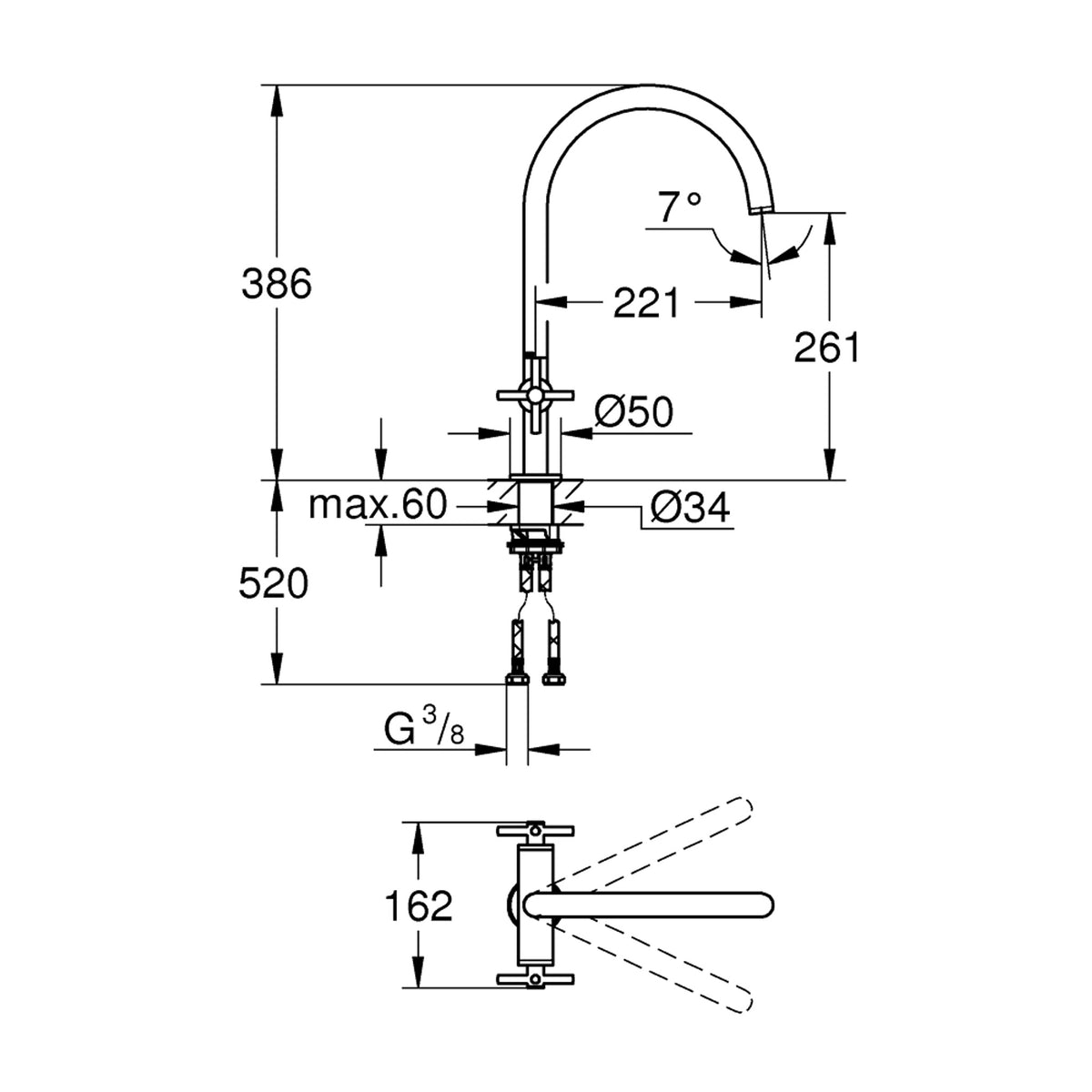 Grohe Atrio Kuğu Borulu Eviye Bataryası, Fırçalı Altın - Teknik Çizim