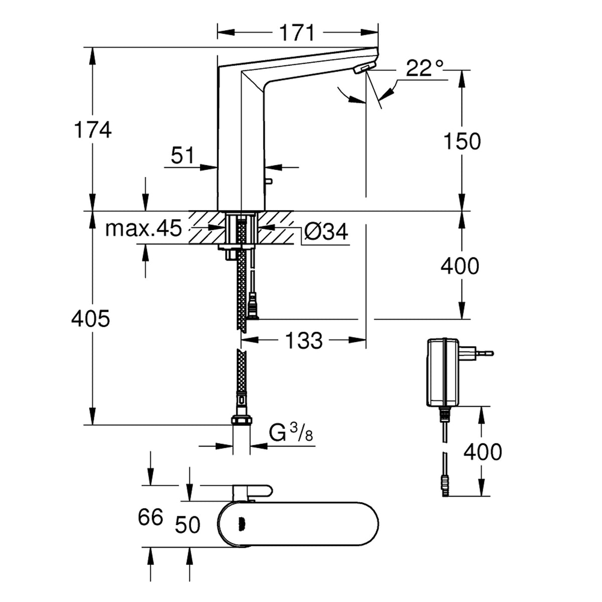 Grohe Eurosmart Cosmopolitan E Fotoselli Lavabo Bataryası (Elektrikli-, Çift Su Girişli) Ayarlanabilir sıcaklık sınırlayıcısı - Teknik Çizim
