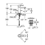 Grohe Lineare Lavabo Bataryası, Paslanmaz Çelik - Teknik Çizim