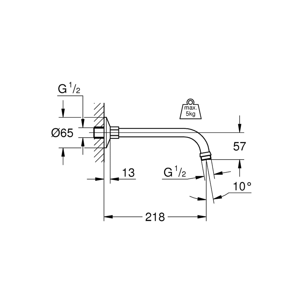 Grohe Relexa Duş Başlığı Dirseği, 218 mm - Teknik Çizim