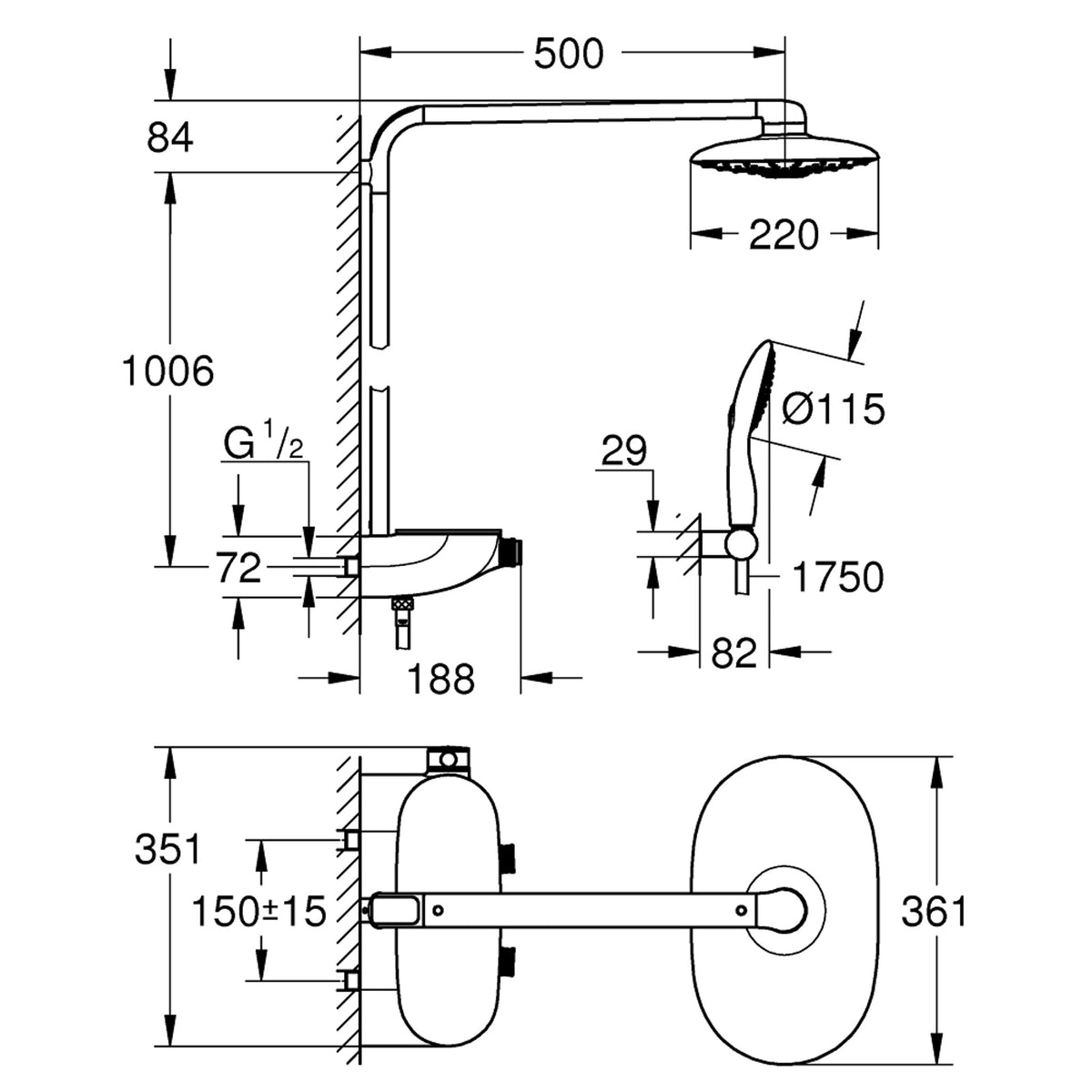 Grohe Rainshower SmartControl 360 DUO Termostatik Duş Bataryalı Duş Sistemi - Teknik Çizim
