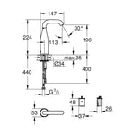 Grohe Essence E Fotoselli Lavabo Bataryası, Tek Su Girişli - Teknik Çizim