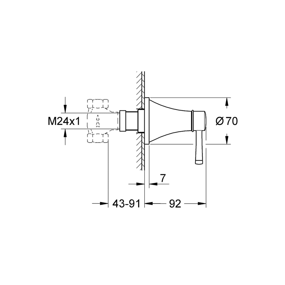 Grohe Grandera Ankastre Stop Valf, Krom-Altın (Sıva Üstü Grubu) - Teknik Çizim