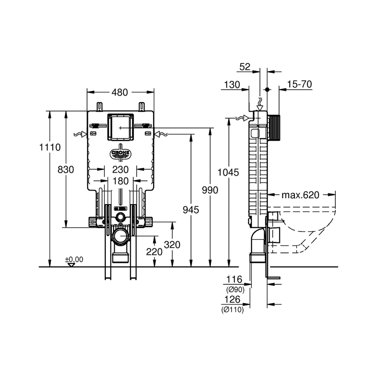 Grohe Uniset Gömme Rezervuar, Pnömatik, 13 cm - Teknik Çizim