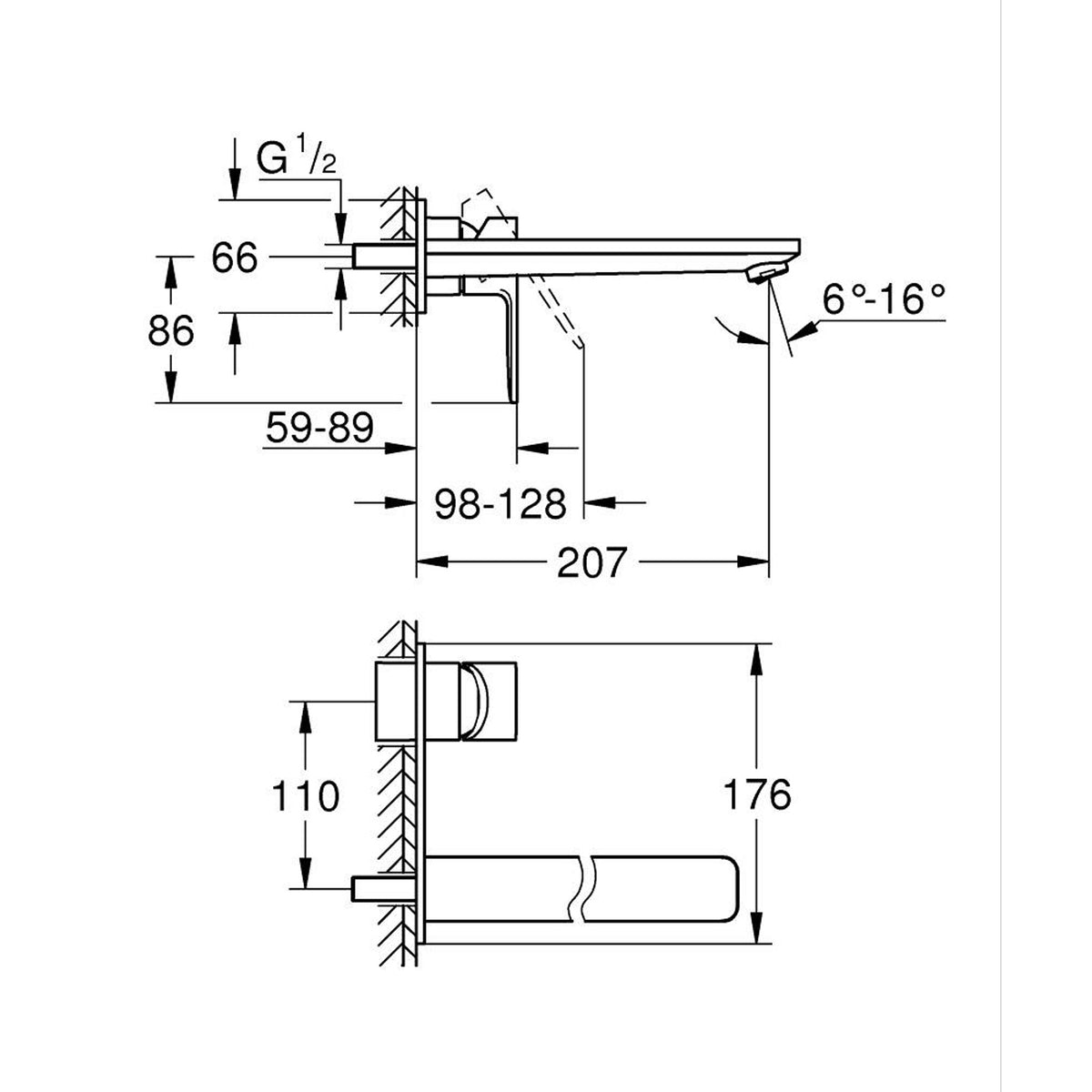 Grohe Lineare Ankastre 2 Delikli Lavabo Bataryası (Sıva Üstü Grubu), Fırçalı Altın - Teknik Çizim