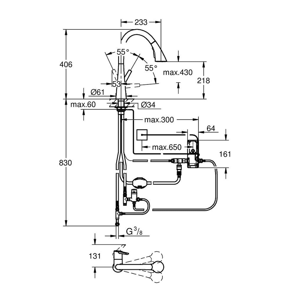 Grohe Zedra Touch Elektronik Spiralli Eviye Bataryası - Teknik Çizim