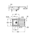 Grohe Bau Kuğu Borulu Batarya ve Eviye Seti (Sağ-Sol Damlalıklı, 86x50 cm) - Teknik Çizim