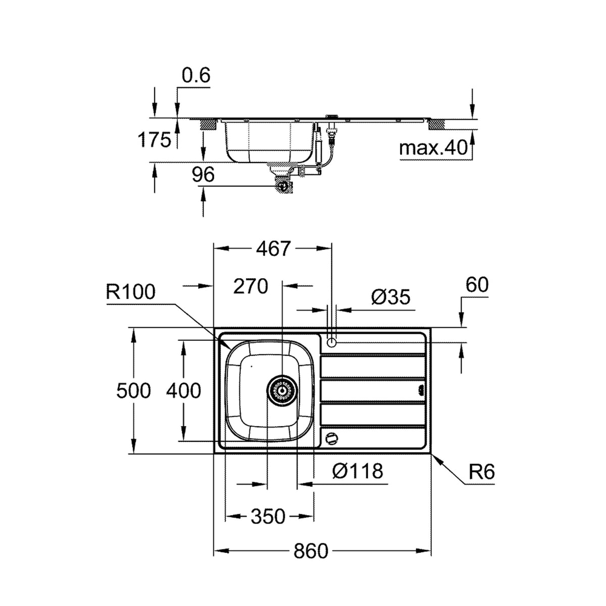 Grohe Bau Kuğu Borulu Batarya ve Eviye Seti (Sağ-Sol Damlalıklı, 86x50 cm) - Teknik Çizim