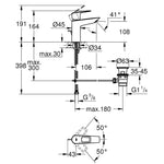 Grohe BauLoop Lavabo Bataryası, Sifon Kumandalı (M-Boy) - Teknik Çizim