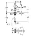 Grohe Blue Pure EuroSmart Arıtma Çıkışlı Eviye Bataryası, Paslanmaz Çelik - Teknik Çizim