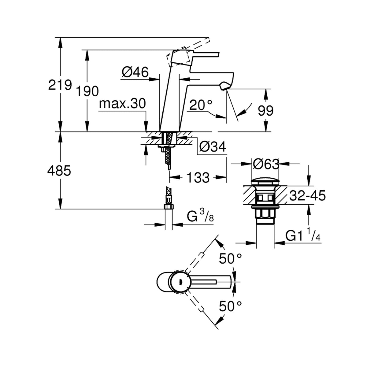 Grohe Concetto Lavabo Bataryası (M-Boy) - Teknik Çizim