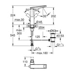 Grohe Allure Brilliant Private Collection L-Boy Sifon Kumandalı Yüksek Lavabo Bataryası, Fırçalı Sert Grafit - Teknik Çizim