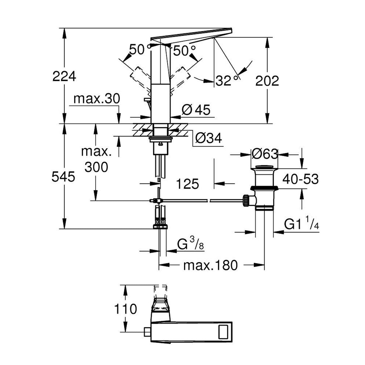 Grohe Allure Brilliant Private Collection L-Boy Sifon Kumandalı Yüksek Lavabo Bataryası, Fırçalı Sert Grafit - Teknik Çizim