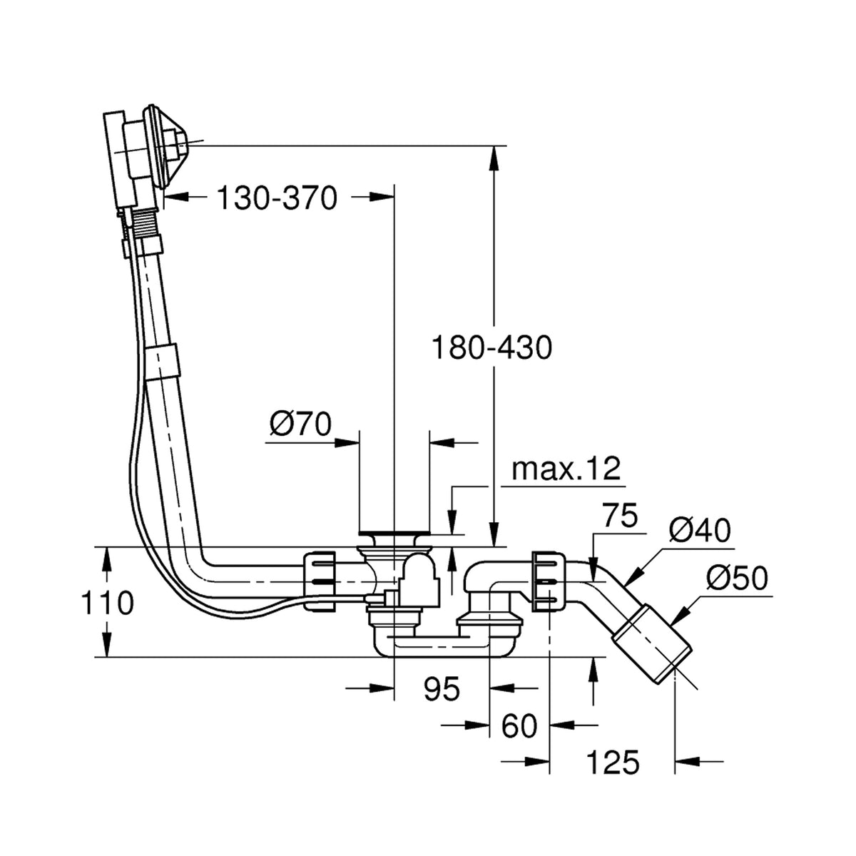 Grohe Talento Doldurmalı Kumandalı Küvet Tropleni - Teknik Çizim