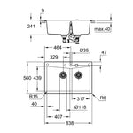 Grohe K700 Kompozit 1,5 Gözlü Eviye, Granit Siyah - Teknik Çizim