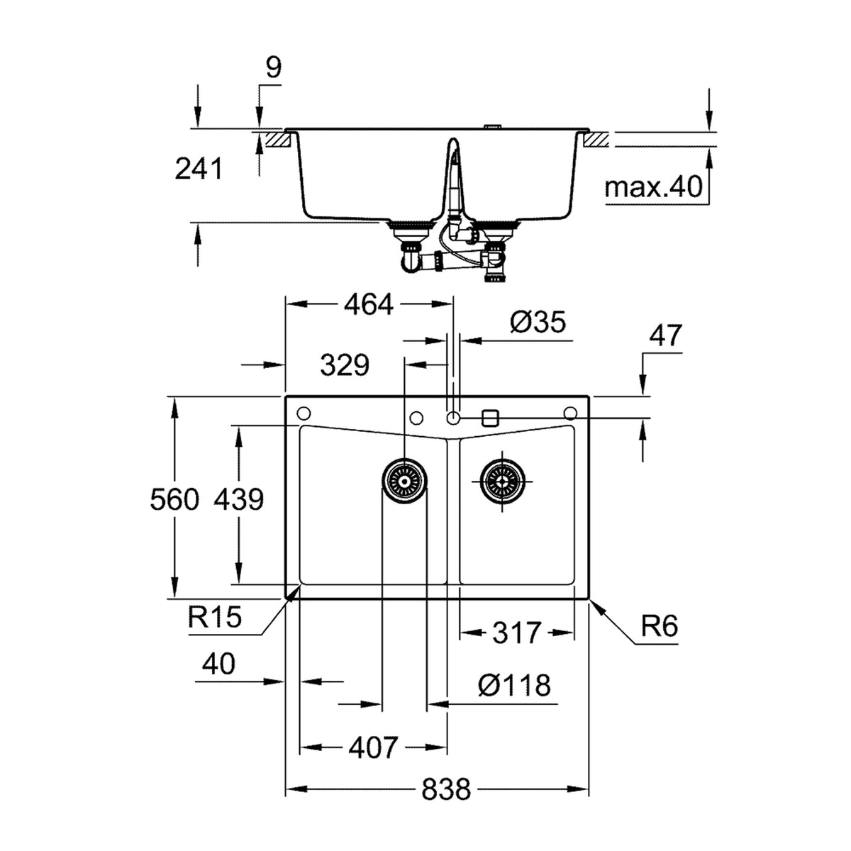 Grohe K700 Kompozit 1,5 Gözlü Eviye, Granit Siyah - Teknik Çizim