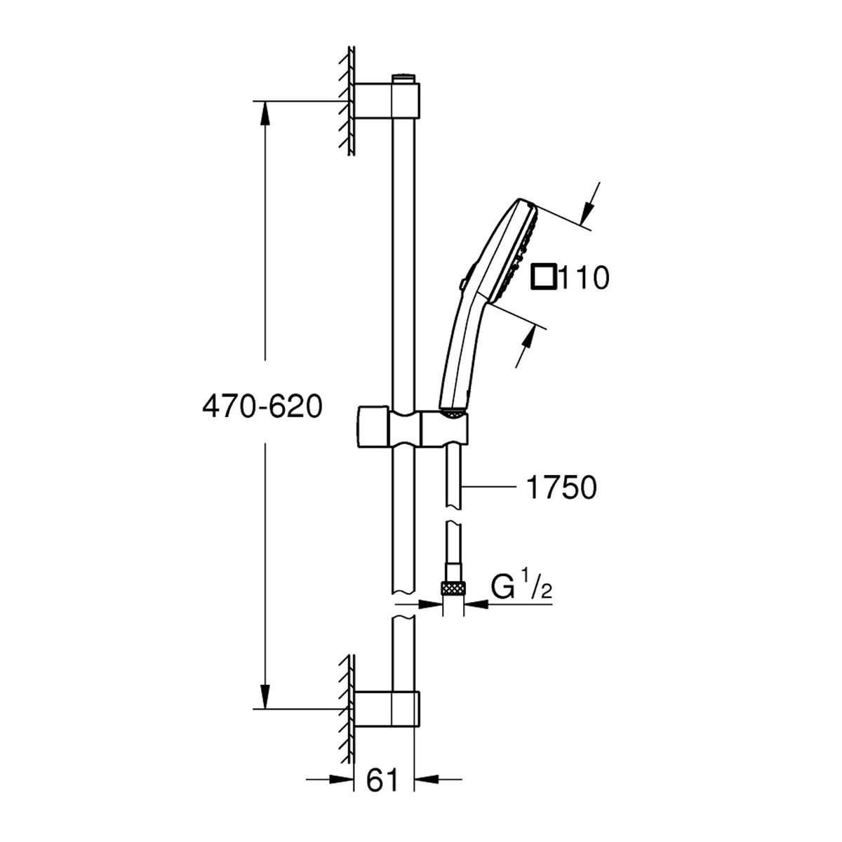 Grohe Tempesta Cube 110 Sürgülü Duş Seti, 2 Akışlı - Teknik Çizim