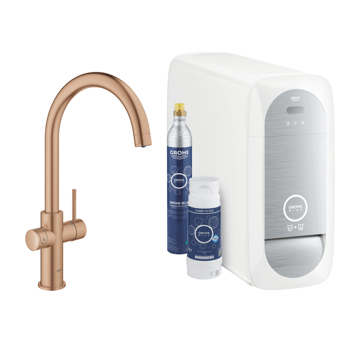 Grohe Blue Home Arıtmalı İçme Suyu ve Soda Yapan Eviye Bataryası, Fırçalı Bakır - Ürün Görseli