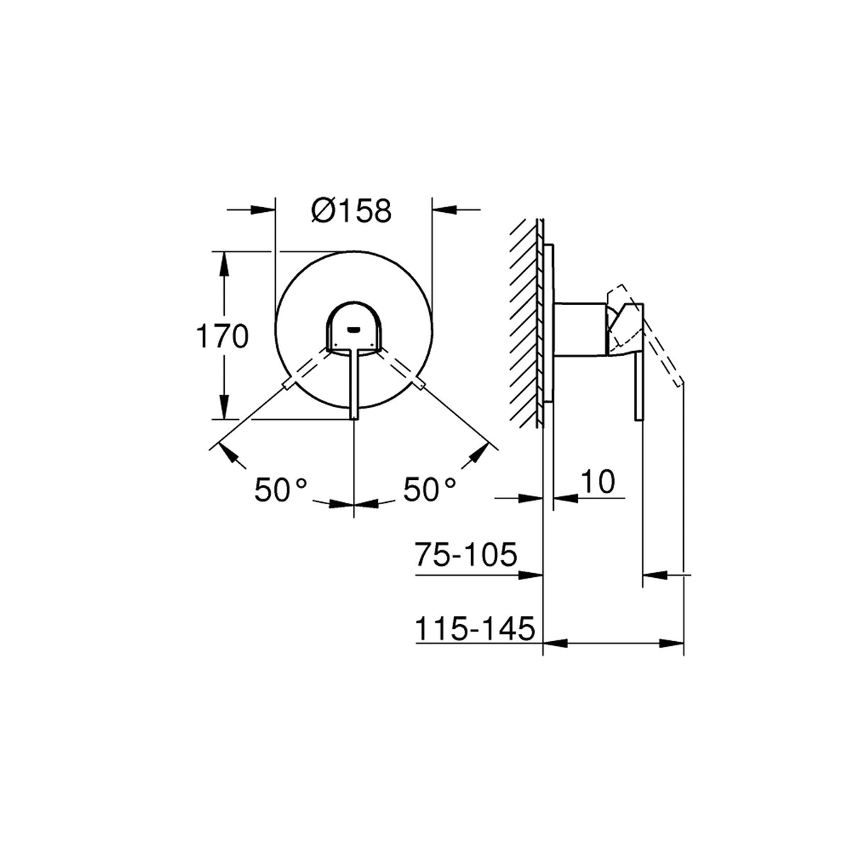 Grohe Plus Ankastre Duş Bataryası (Sıva Üstü Grubu), Fırçalı Sert Grafit - Teknik Çizim