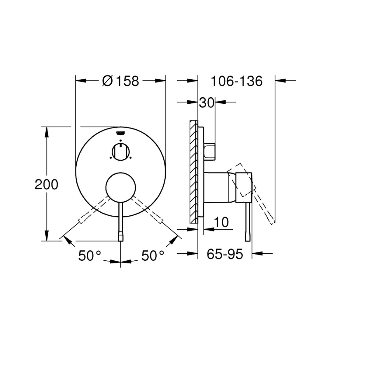 Grohe Essence Ankastre Banyo/Duş Bataryası (Sıva Üstü Grubu), 3 Yollu, Fırçalı Sert Grafit - Teknik Çizim