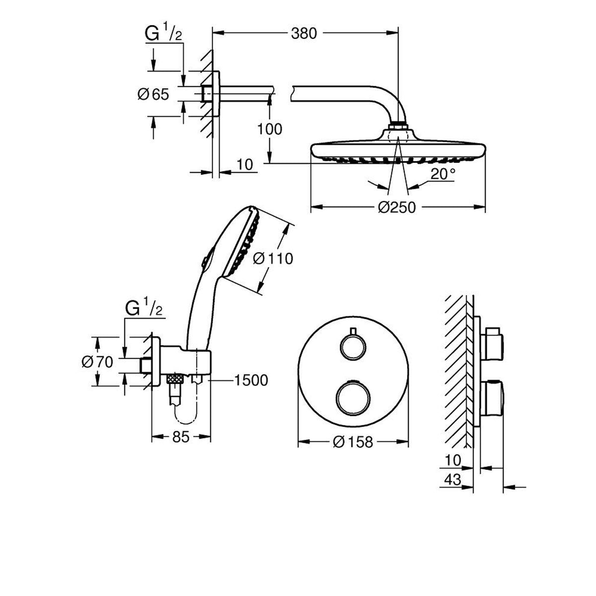 Grohe Grohtherm Termostatik Ankastre Banyo Bataryası, Tepe ve El Duşu Seti - Teknik Çizim