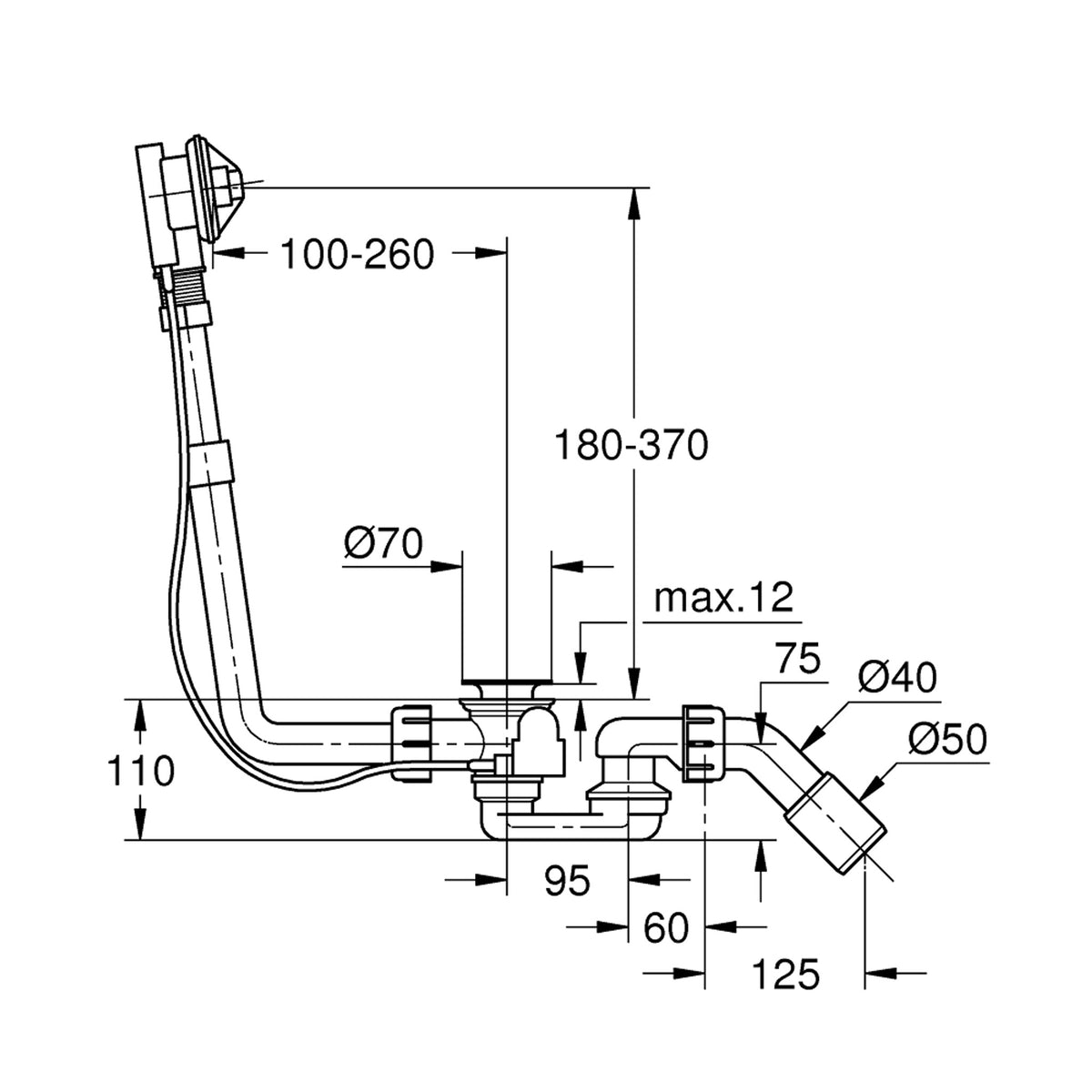 Grohe Talento Doldurmalı Kumandalı Küvet Tropleni - Teknik Çizim