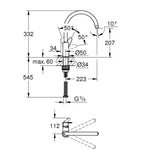 Grohe BauCurve Eviye Bataryası - Teknik Çizim