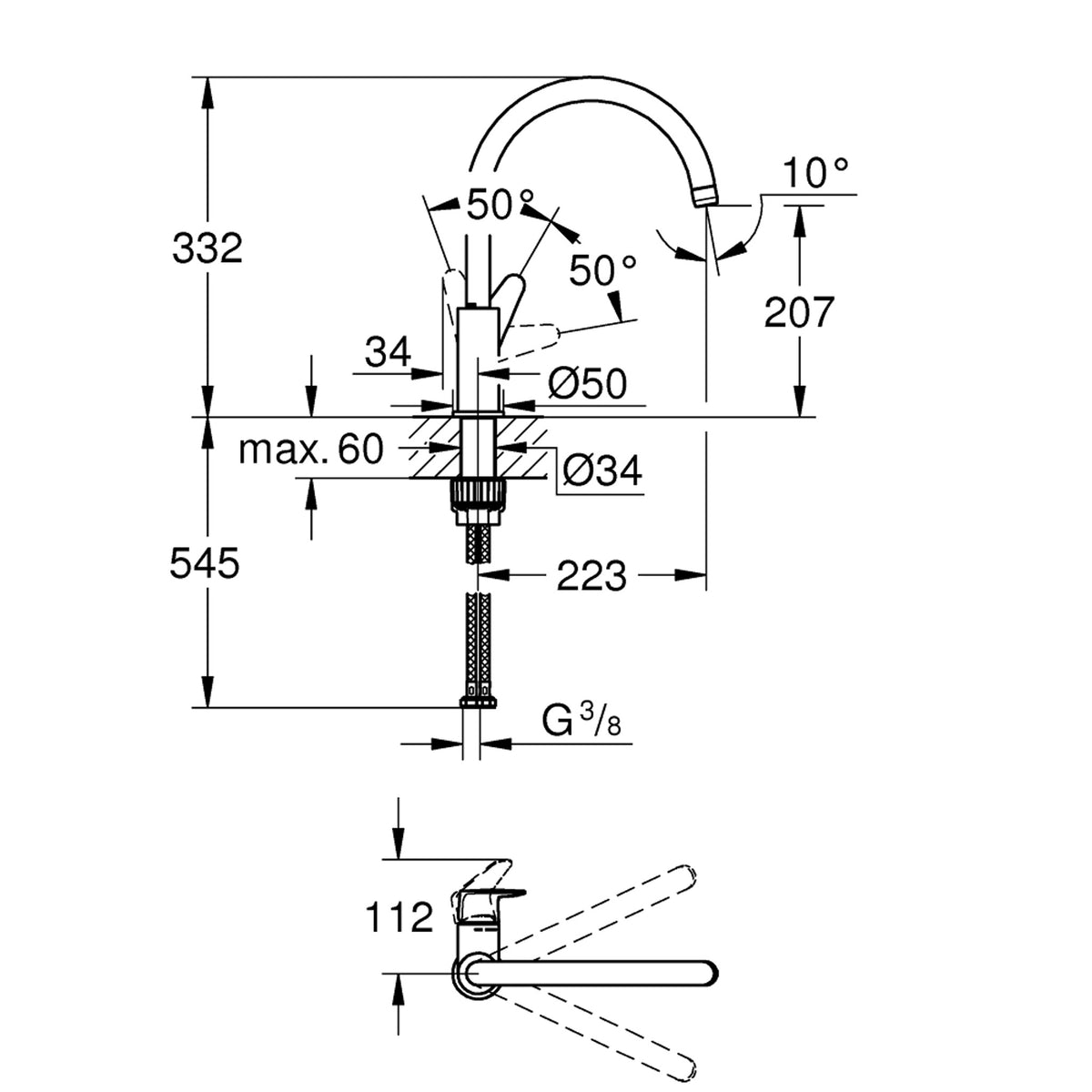 Grohe BauCurve Eviye Bataryası - Teknik Çizim
