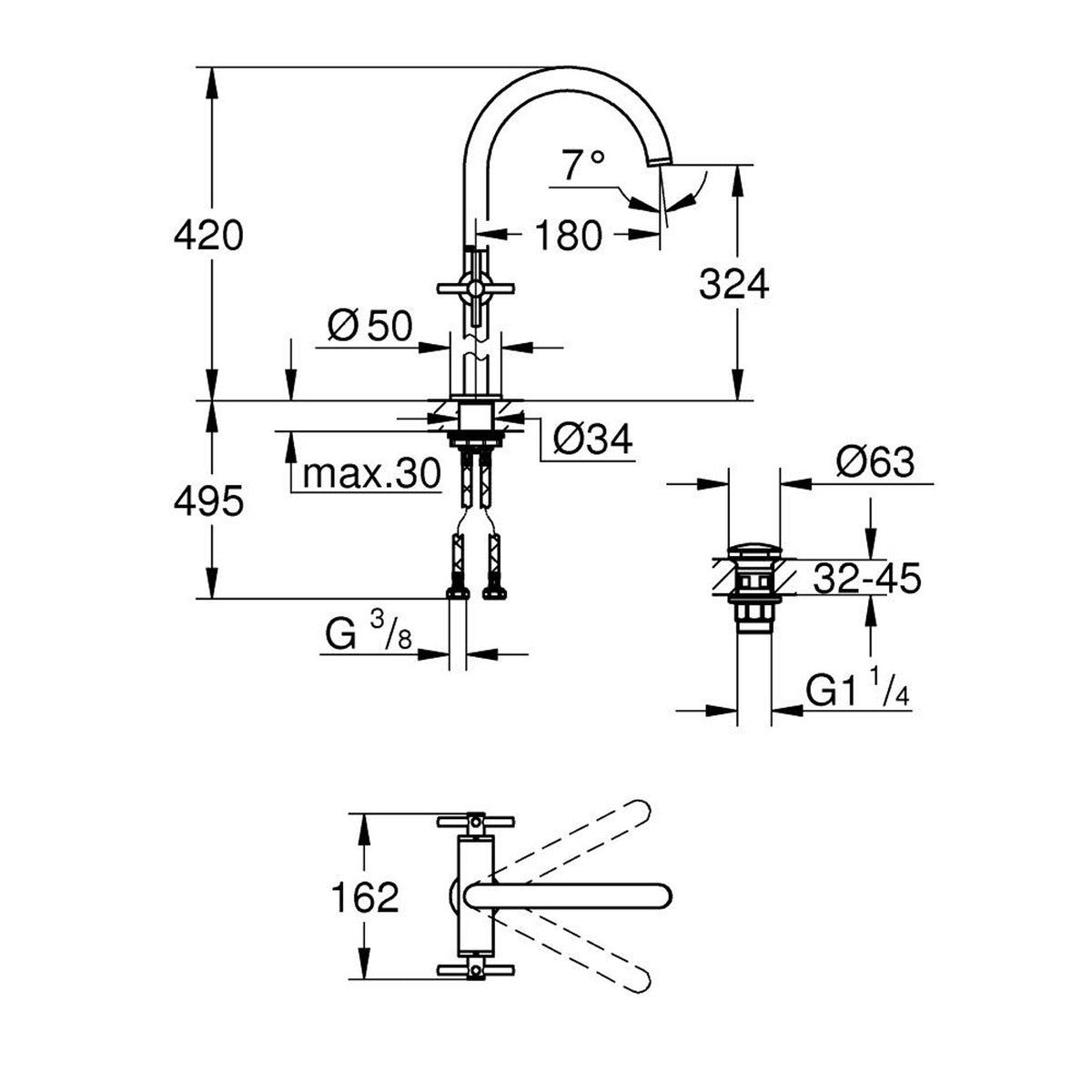 Grohe Atrio Tezgah Üstü Lavabo Bataryası, Sifon Kumandalı, Bakır - Teknik Çizim
