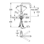 Grohe Minta Spiralli Eviye Bataryası, Döner Borulu - Teknik Çizim
