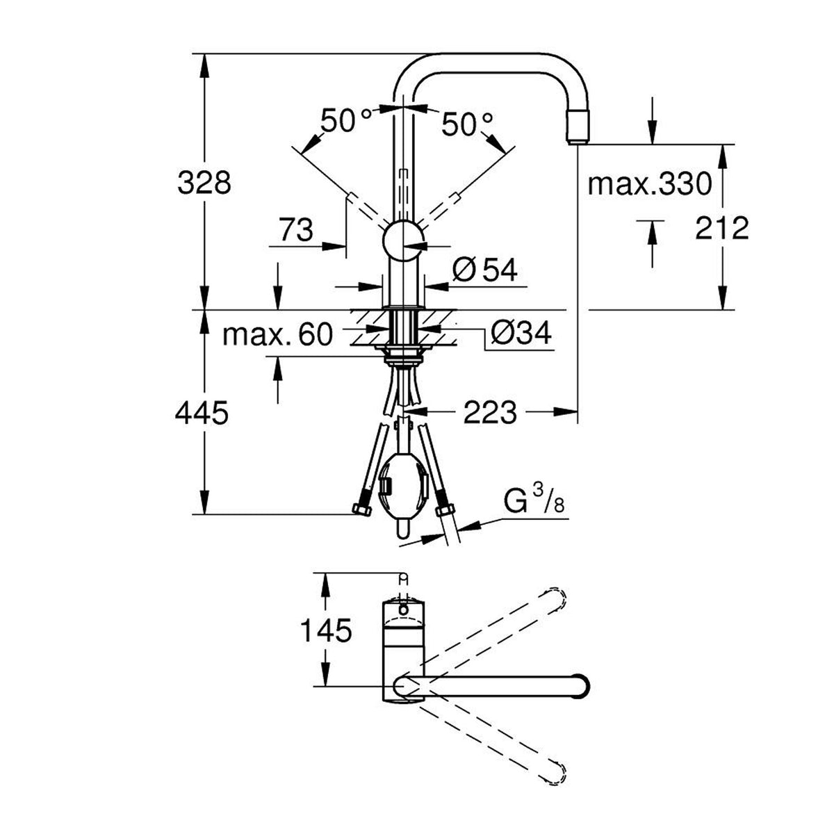 Grohe Minta Spiralli Eviye Bataryası, Döner Borulu - Teknik Çizim