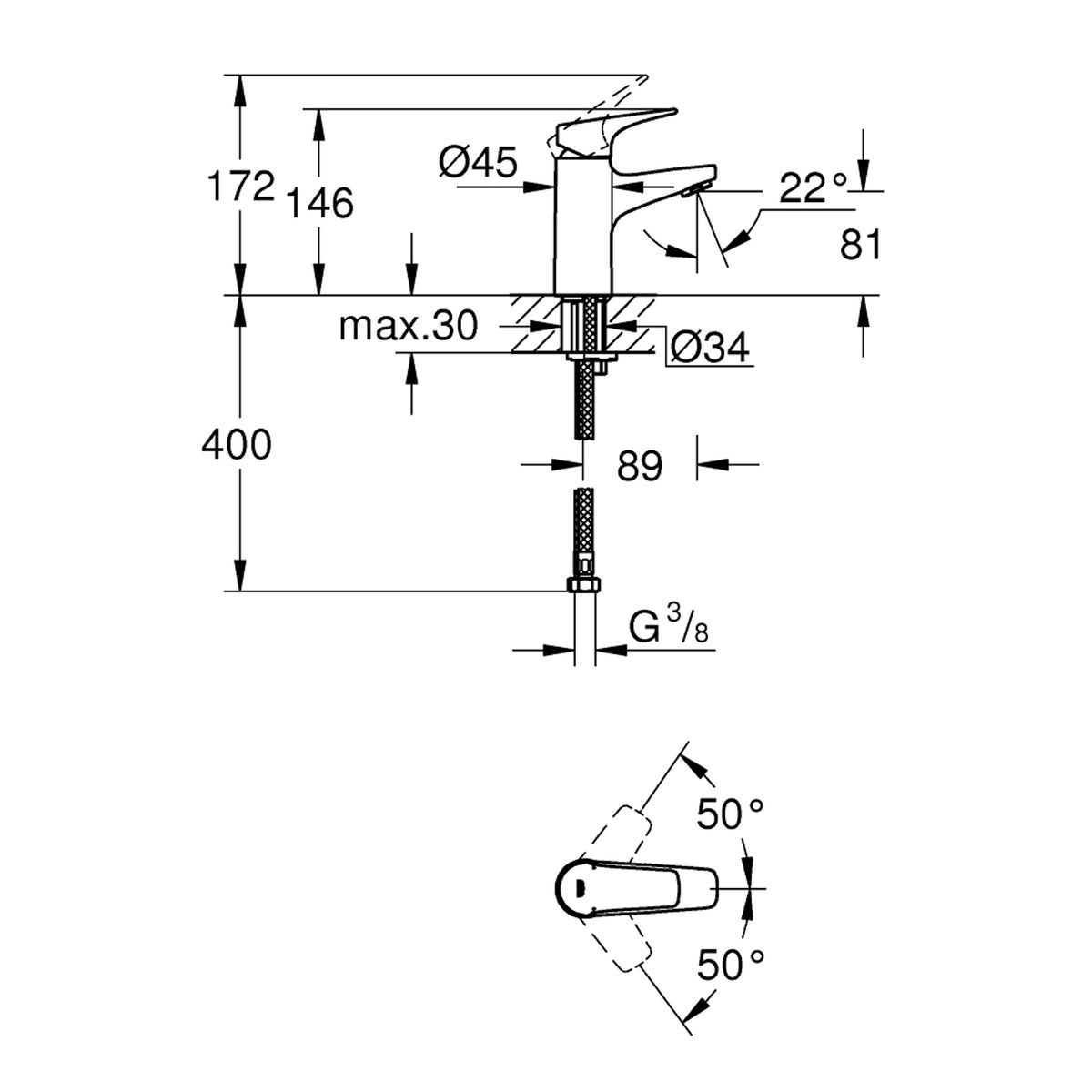 Grohe BauFlow Lavabo Bataryası - Teknik Çizim