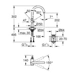 Grohe Atrio Yüksek Lavabo Bataryası (L-Boy), Paslanmaz Çelik - Teknik Çizim