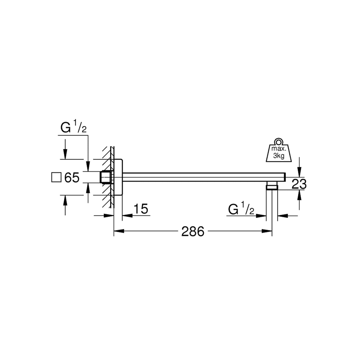 Grohe Rainshower Duş Başlığı Kolu, 286 mm - Teknik Çizim