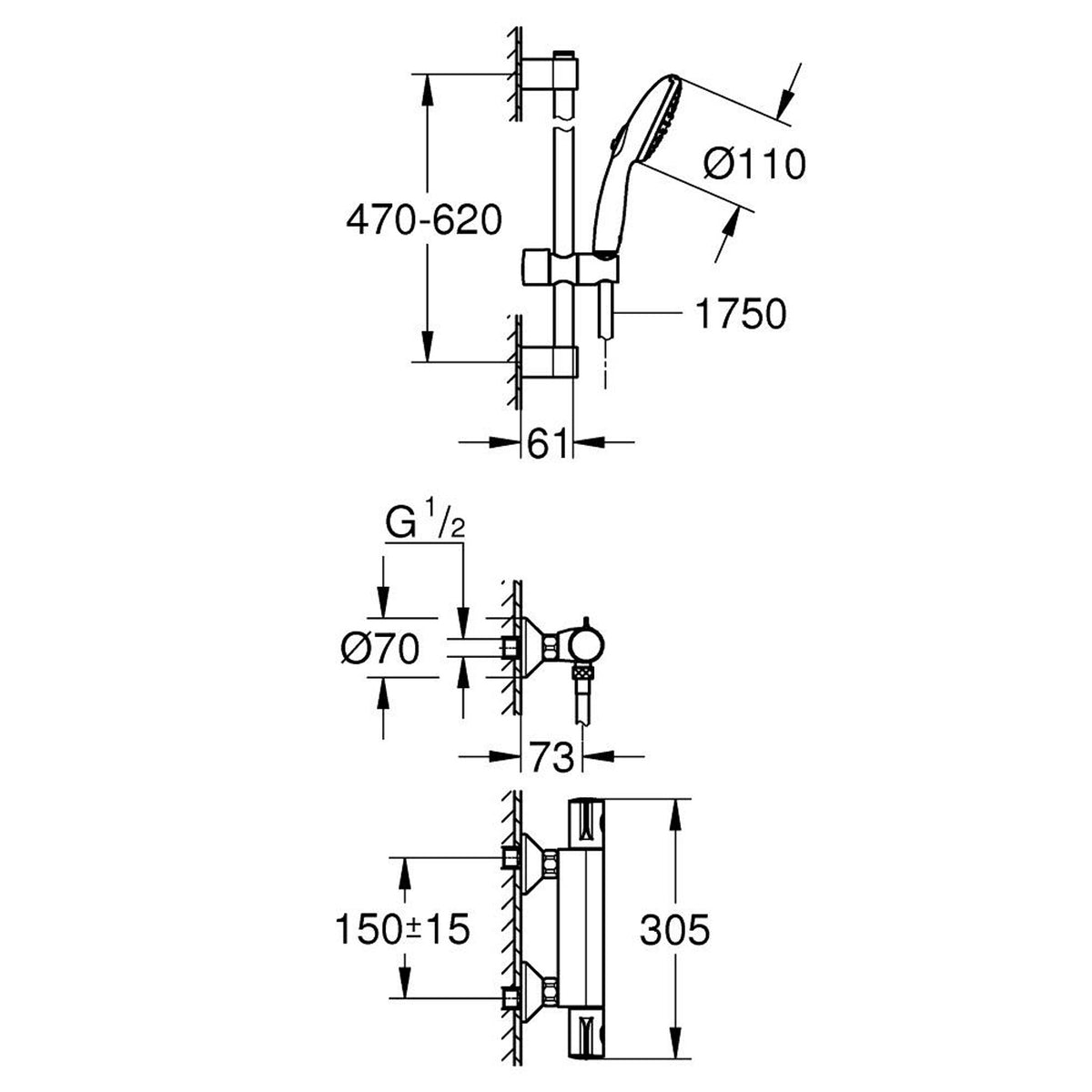 Grohe Grohtherm 800 Termostatik Duş Bataryası ve Sürgülü El Duşu Seti - Teknik Çizim