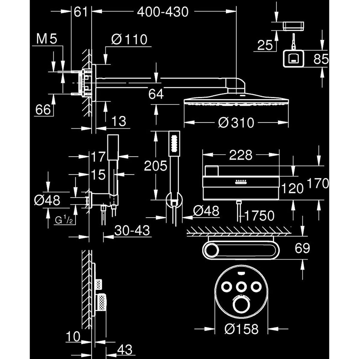 Grohe Purefoam SmartControl Ankastre Duş Seti, Hayalet Siyah (Su ve Sabun Püskürtmeli El Duşu) - Teknik Çizim