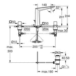 Grohe Allure Brilliant Private Collection L-Boy, 3 Delikli Lavabodan Ankastre Lavabo Bataryası, Sifon Kumandalı, Fırçalı Sert Grafit - Teknik Çizim