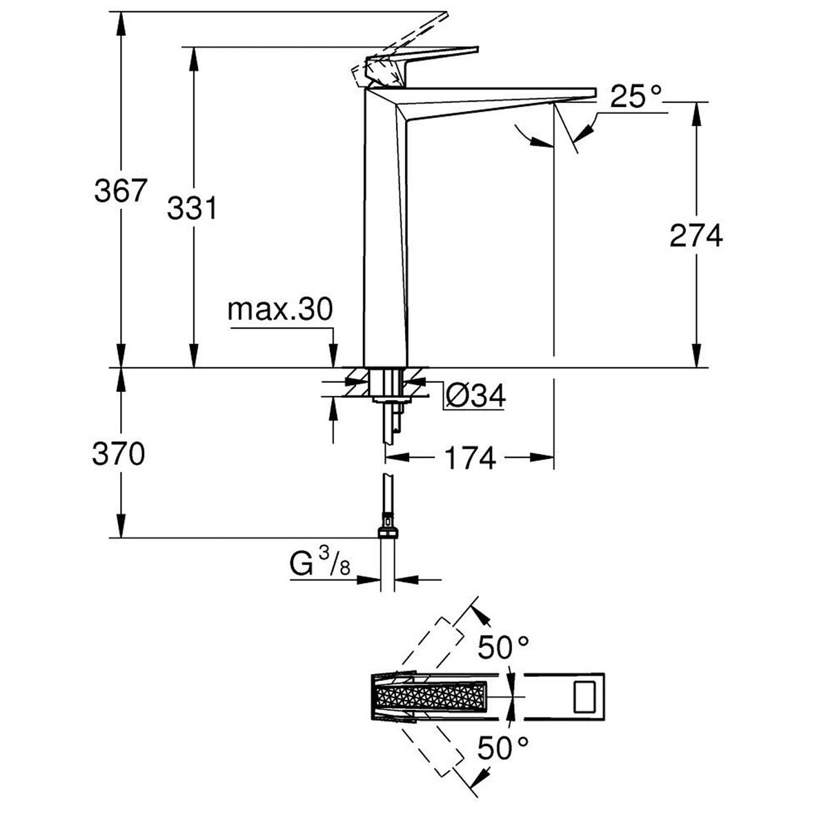 Grohe Allure Brilliant Private Collection XL-Boy Tezgah Üstü Lavabo Bataryası - Teknik Çizim