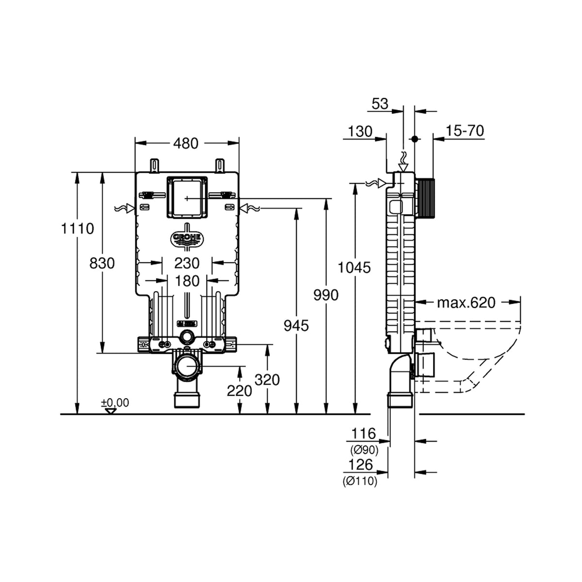 Grohe Uniset Muhafazalı Gömme Rezervuar 8 cm, 3/6 Litre - Teknik Çizim