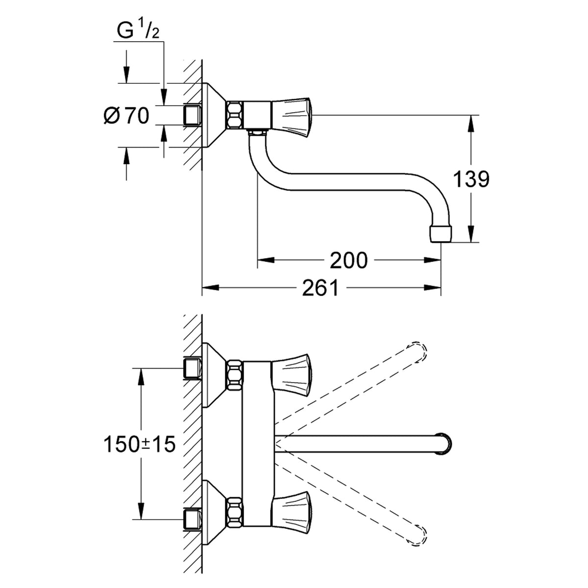 Grohe Costa L Duvardan Eviye Bataryası - Teknik Çizim